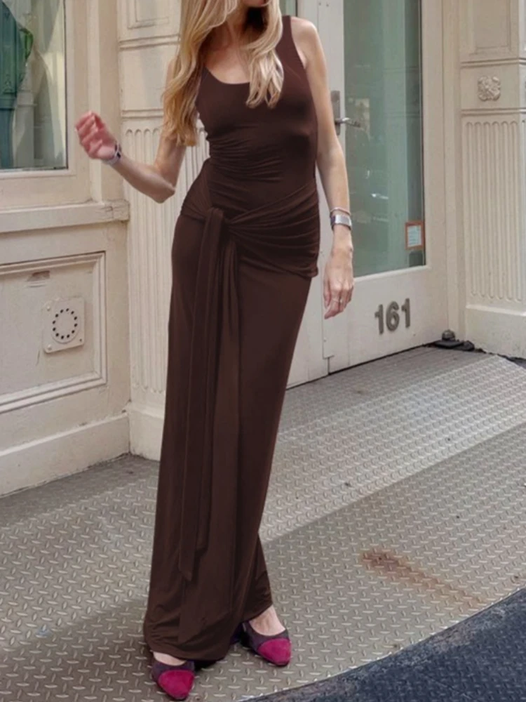 SsTss エレガントな U ネック ノースリーブ ボディコン ロングドレス レディース ソリッドカラー リボン タイアップ シャーリング スリム マキシドレス デートナイトパーティー用