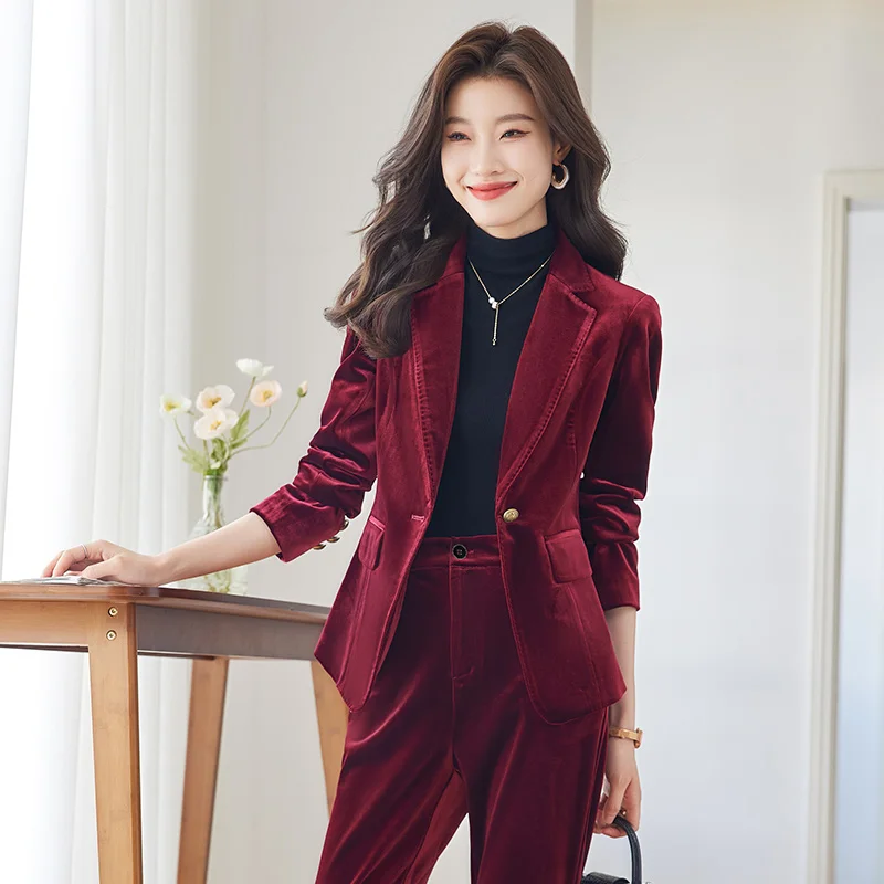 Women\'s Spring Oversize French Style Velvet Suit Wide Leg Pants Set Vintage Casual Solid Color Loose Blazer Pants Two Piece Sets