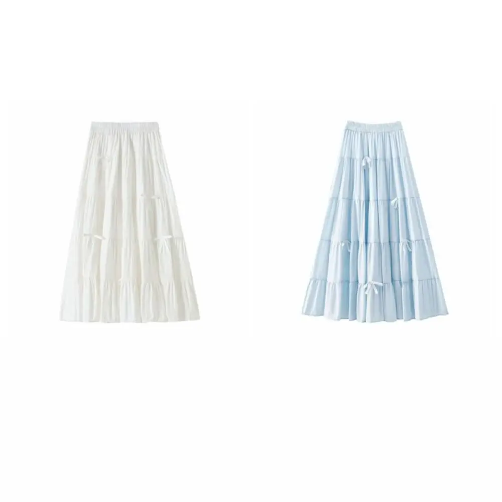 Bowknot Tiered Midi Skirt Hight Waist Solid Color Long Cake A-line Skirts Chic Pleated Seven Point Long Dress Solid Color