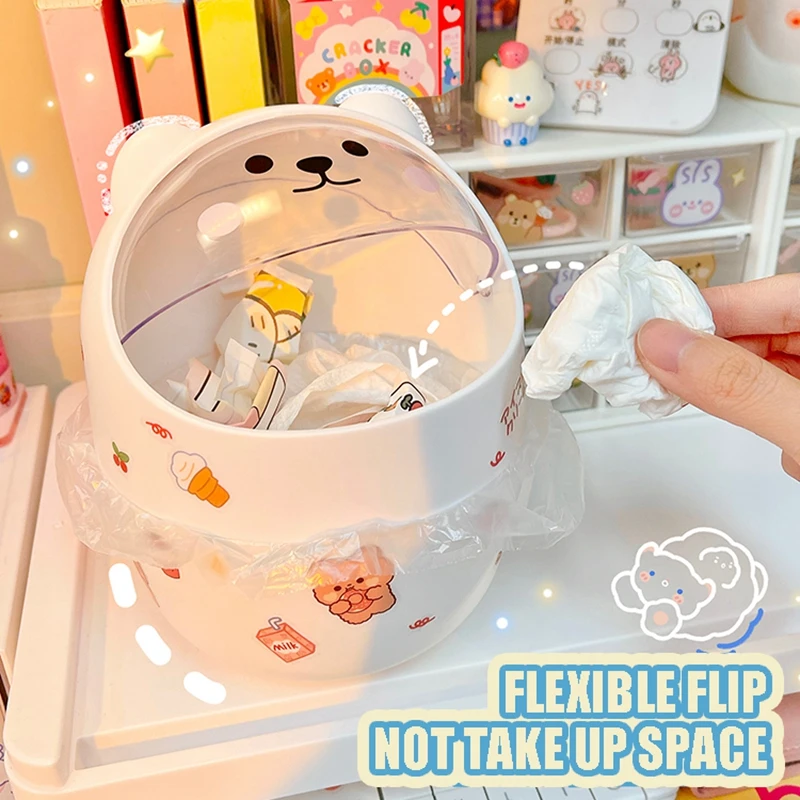 Trash Can Organizer Ins Desktop with Lid Kawaii Cute Bear Trash Bin Storage Box Girl Pen Holder Storage Bucket with Flip Top