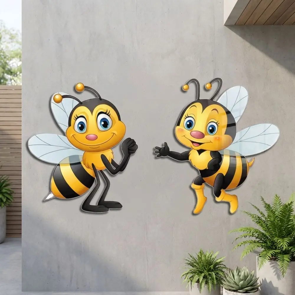2Pcs 2D Flat Acrylic Cartoon Bee Wall Decor Waterproof Sun Resistant Garden Bee Hanging Plaque Anti-Fade Rainproof