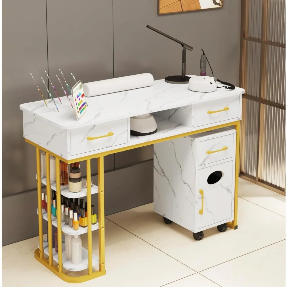 Manicure Table Nail Desk for Nail Tech, Marbling Texture Modern Nail Station with Wrist Cushion & Cabinet, Multipurpose Table