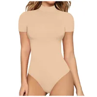One-Piece Bodycon Sexy Bodysuit Short Sleeve O-Neck Open Basic Solid Color Overalls Women Body Tops Skinny Rompers Female - Image 2