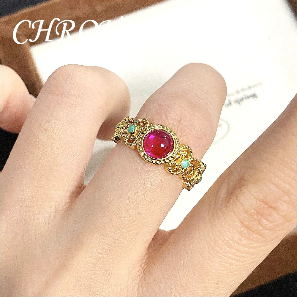 French vintage Gold-Plated Ring with Court-Style Turquoise Enamel and colorful Window Flowers for Women