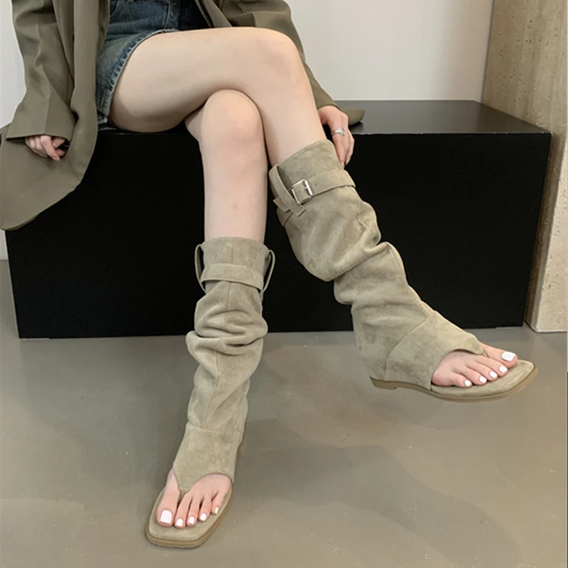 

Black Long Boots Women Thong Wedges Shoes Summer Ladies Knee High Boots Casual Open Toe Wedge High Heels Chaussur Femme