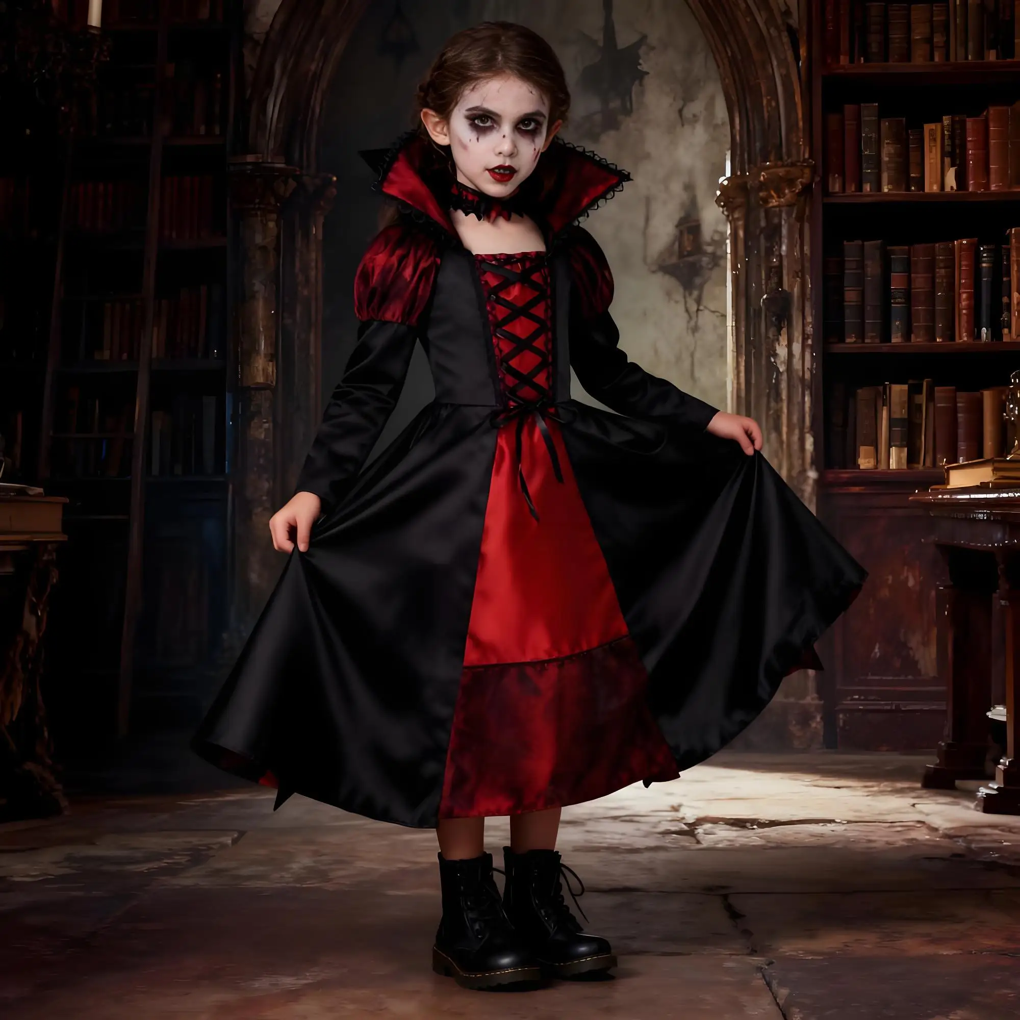 Gothic Vampire Costume for Girls Halloween Princess Party Clothes Kids Cosplay Dress Children Masquerade Devil Ghost Outfit
