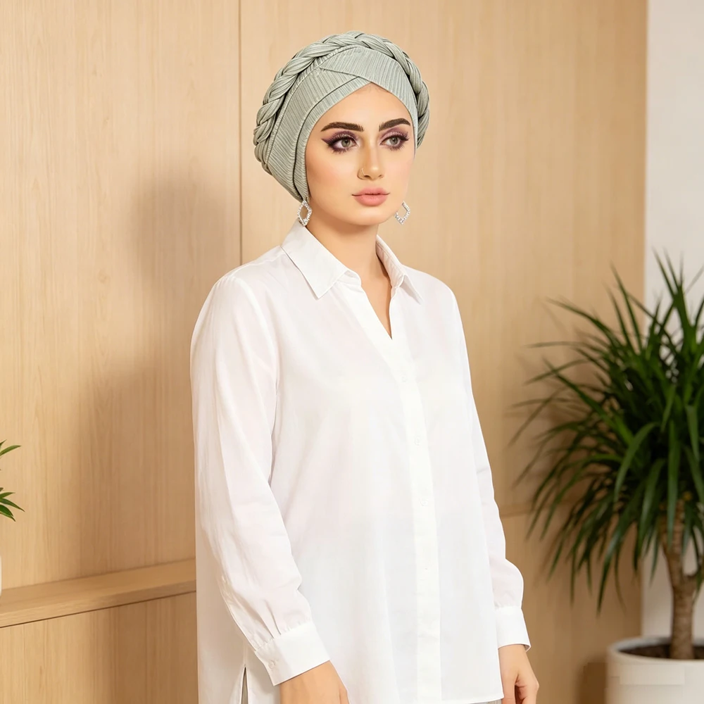 

Fashion Braided Turban Hat Women Forehead Cross Inner Hijab Islamic Head Wrap Comfortable Muslim Headscarf Chemo Headwear
