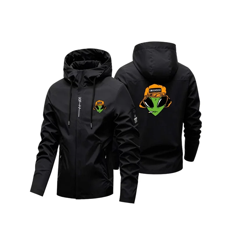 Men Cool Alien Bucket Hat Print Hooded Jacket  Windproof Outdoor Windbreaker  Casual Zip Coat for Hiking Travel