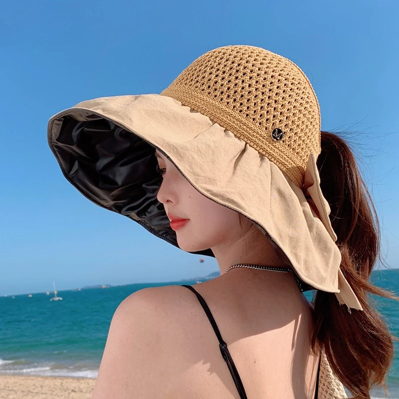 Damen Sonnenhut mit breiter Krempe, Wellenmuster, Strandhut, UV-Schutz, faltbarer Strohhut, Vintage Panama Hut