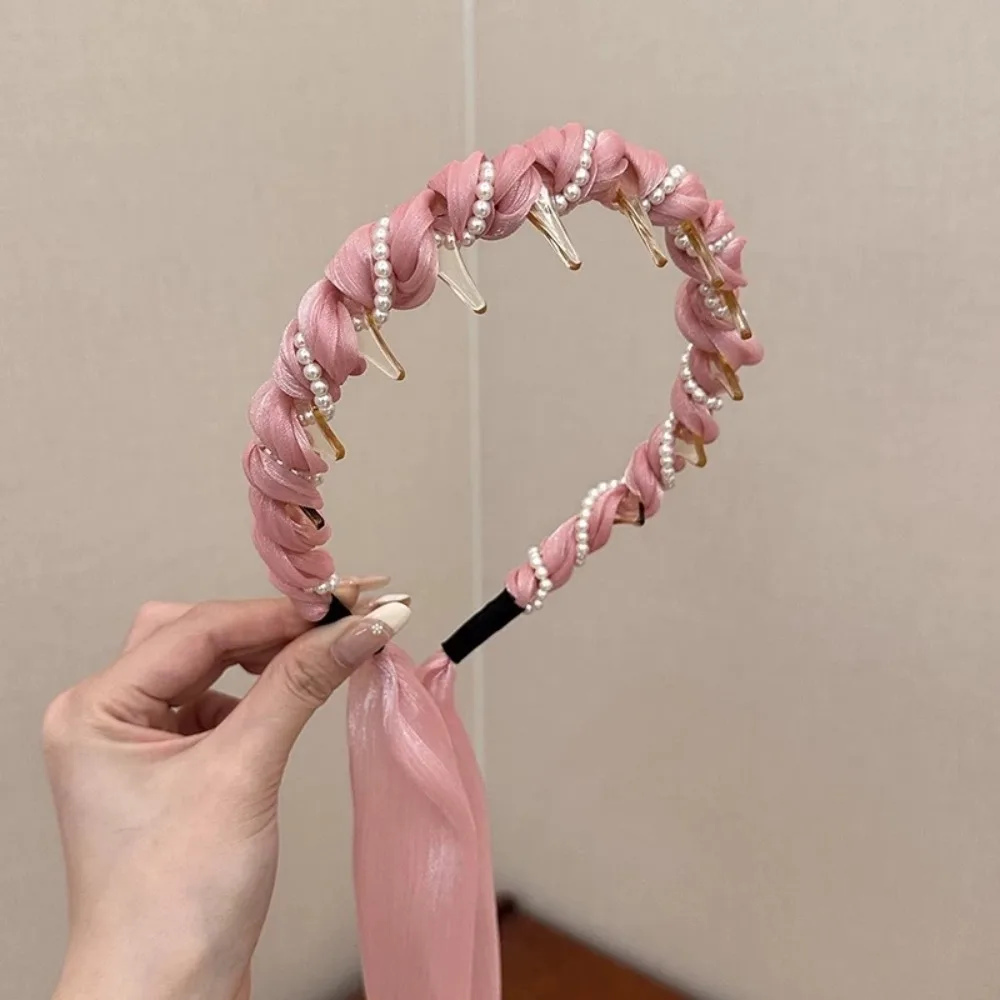 

Атласные U-образные повязки для волос с зубчатой заколкой, высокие, нескользящие, с жемчугом, регулируемые, с бантом, плетеные