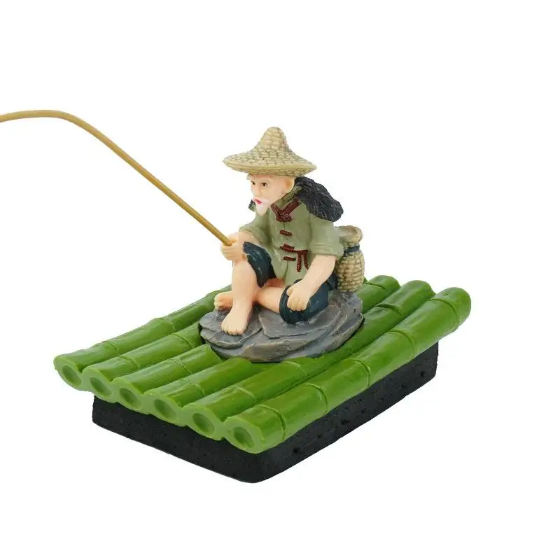 △ 1Pcs Outdoor Decoration Bamboo Raft Fisherman Figurine Elderly Fisherman PVC Statue For Yard Floating Aquarium Decor