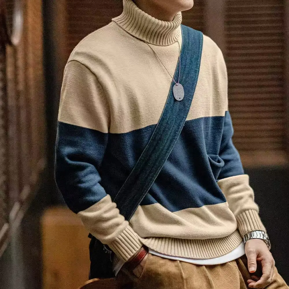 Cashmere turtleneck knit sweater contrast striped pullover warm bottoming sweater men's autumn and winter