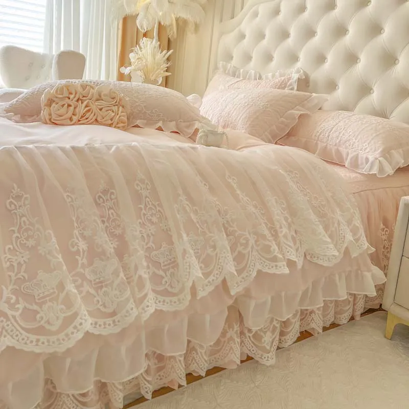 4/6Pcs Pink Princess Wedding Lace Embroidery Korean Style Bedding Set King Queen Size Duvet Cover Bed Skirt Bedspread Pillowcase