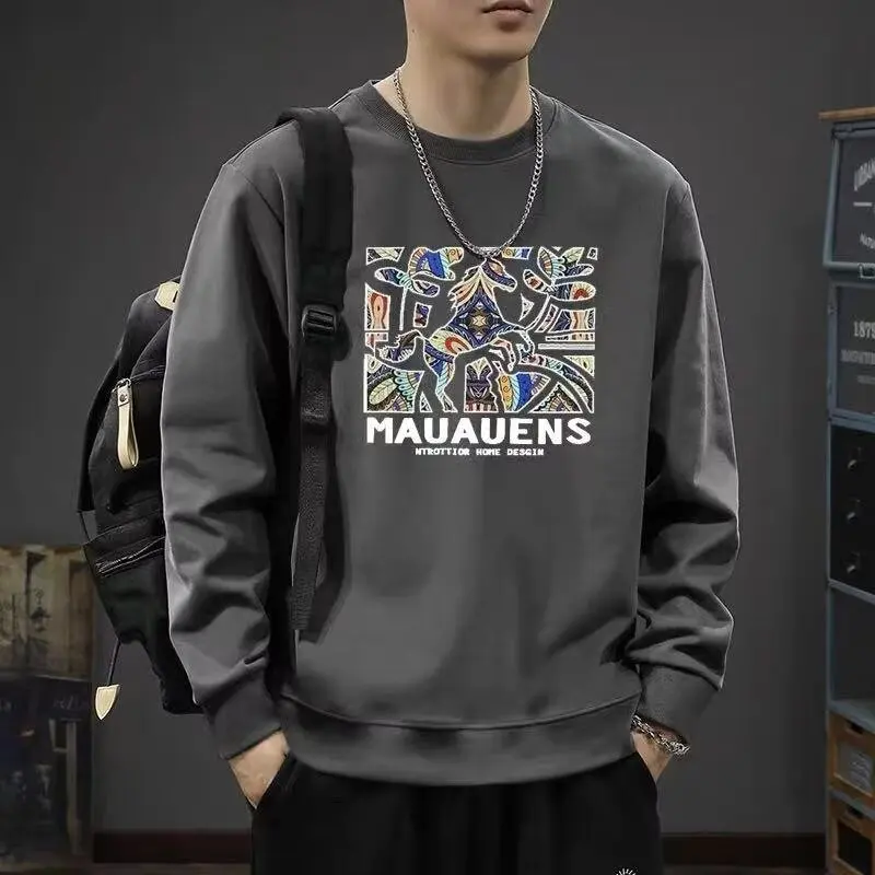 2025 moletons e moletons da moda masculina; Camiseta de manga comprida com estampa de gola redonda estilo coreano; Roupas masculinas High Street Haraj
