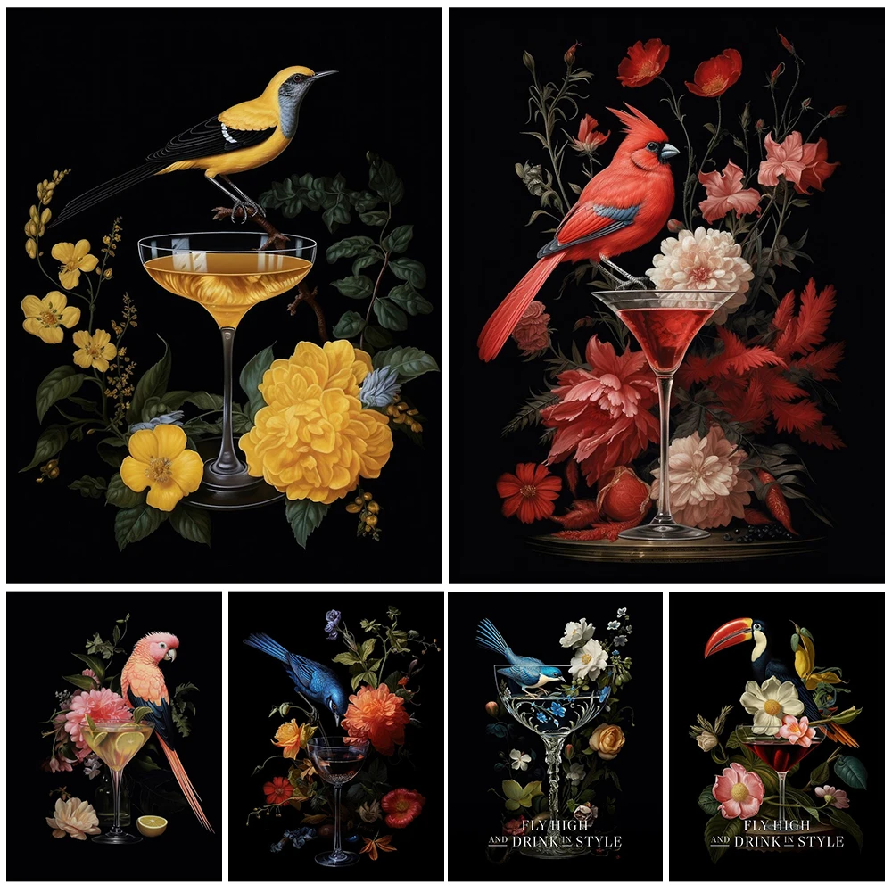 Коктейльный бар Сорока Попугай Птица Цветочные постеры Настенные панно для гостиной Плакат на скандинавскую тему Настенная живопись на холсте без рамы