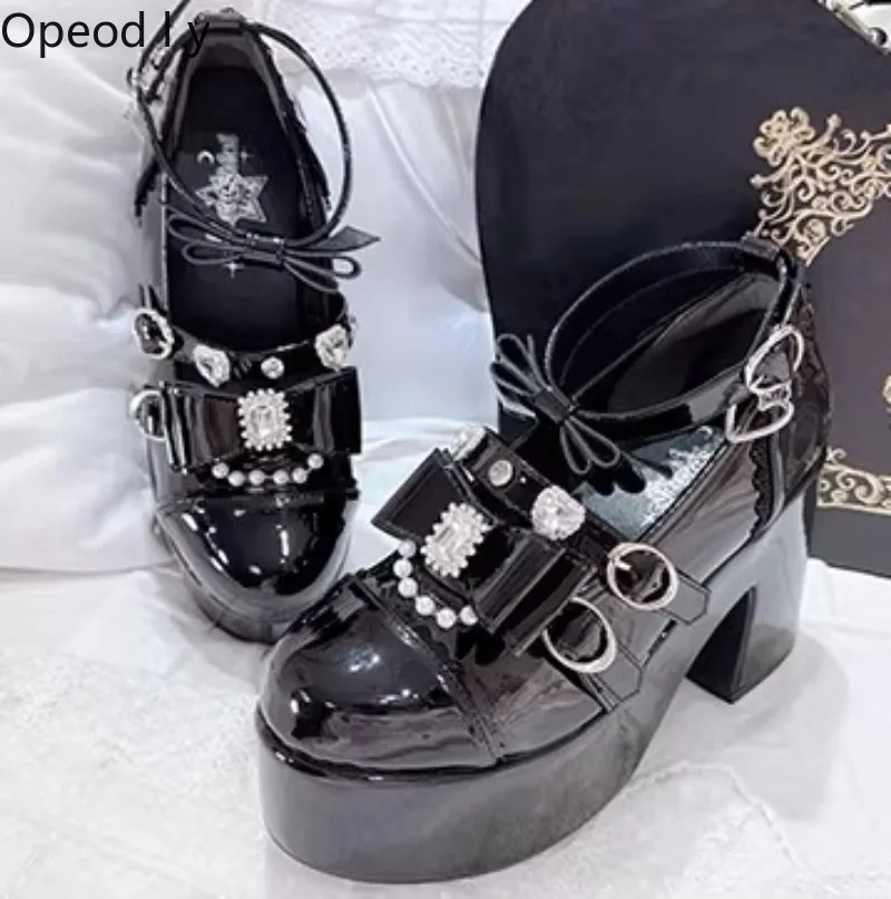 

Original Japanese Mass-produced Thick-soled Shallow-mouth Single Shoes Heavy Pearl Sweet Bow Princess Patent Leather High Heels