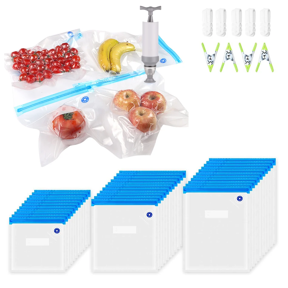 Reusable Food Vacuum Storage Bags For Vegetable Fruit Keep Fresh Bags,With Hand Pump And Free Sealing Clips Kitchen Organization