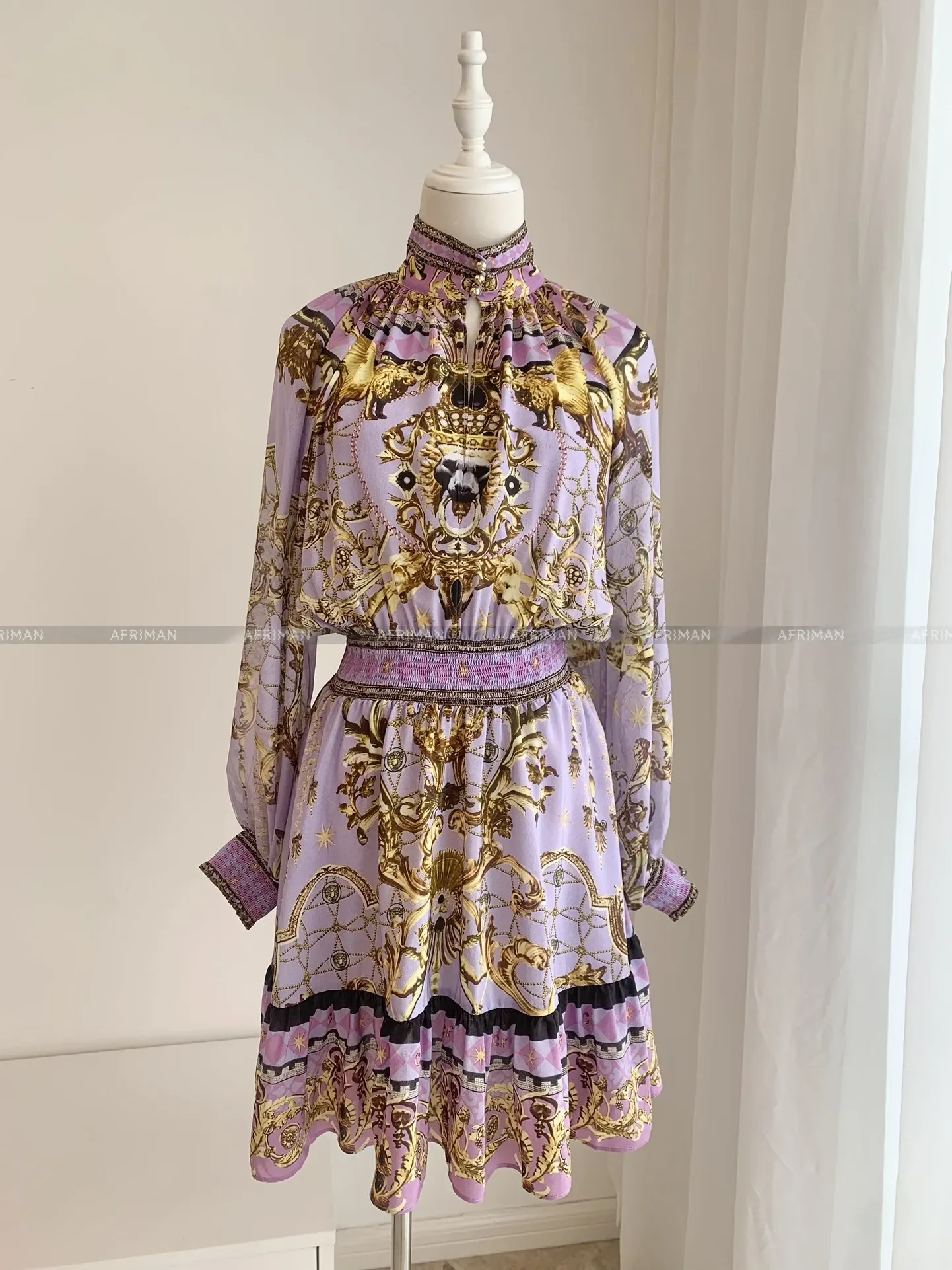 Women High Neck Crystal Beaded Long Sleeve Retro Purple Flower Print Elastic Waist 100% Silk Mini Dress