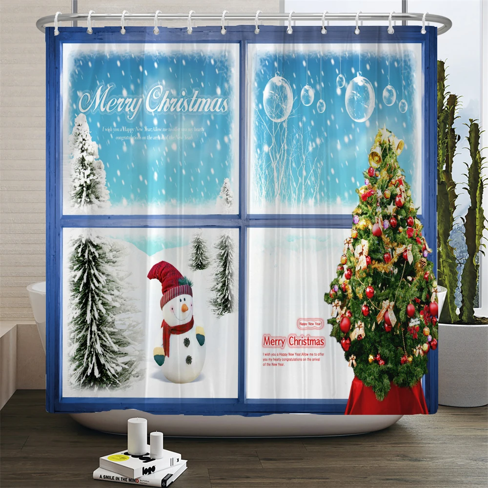 عيد ميلاد سعيد دش الستار سانتا كلوز دش الستار الحديثة سنة جديدة سعيدة حمام ستائر مقاومة للماء ديكور المنزل مع السنانير #2