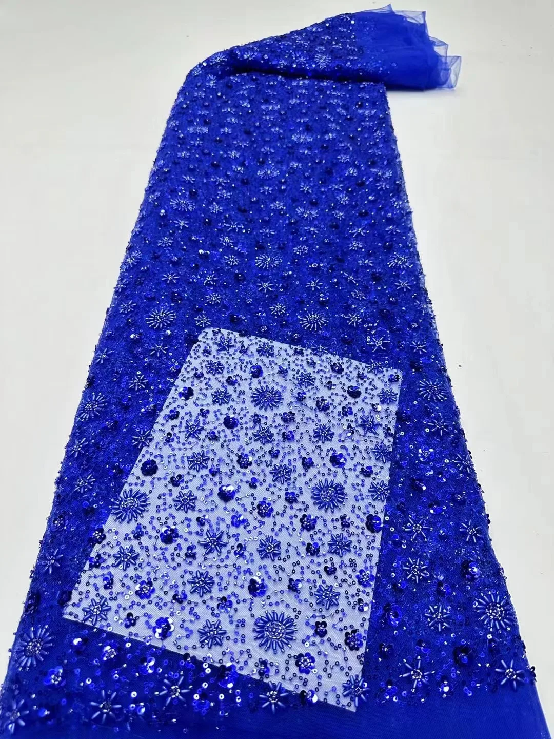 

Royal blue French Tulle Lace Fabric 2024 New Hight Quality African Sparkly Shiny Beaded Lace Fabric For Women Party Dress Sew