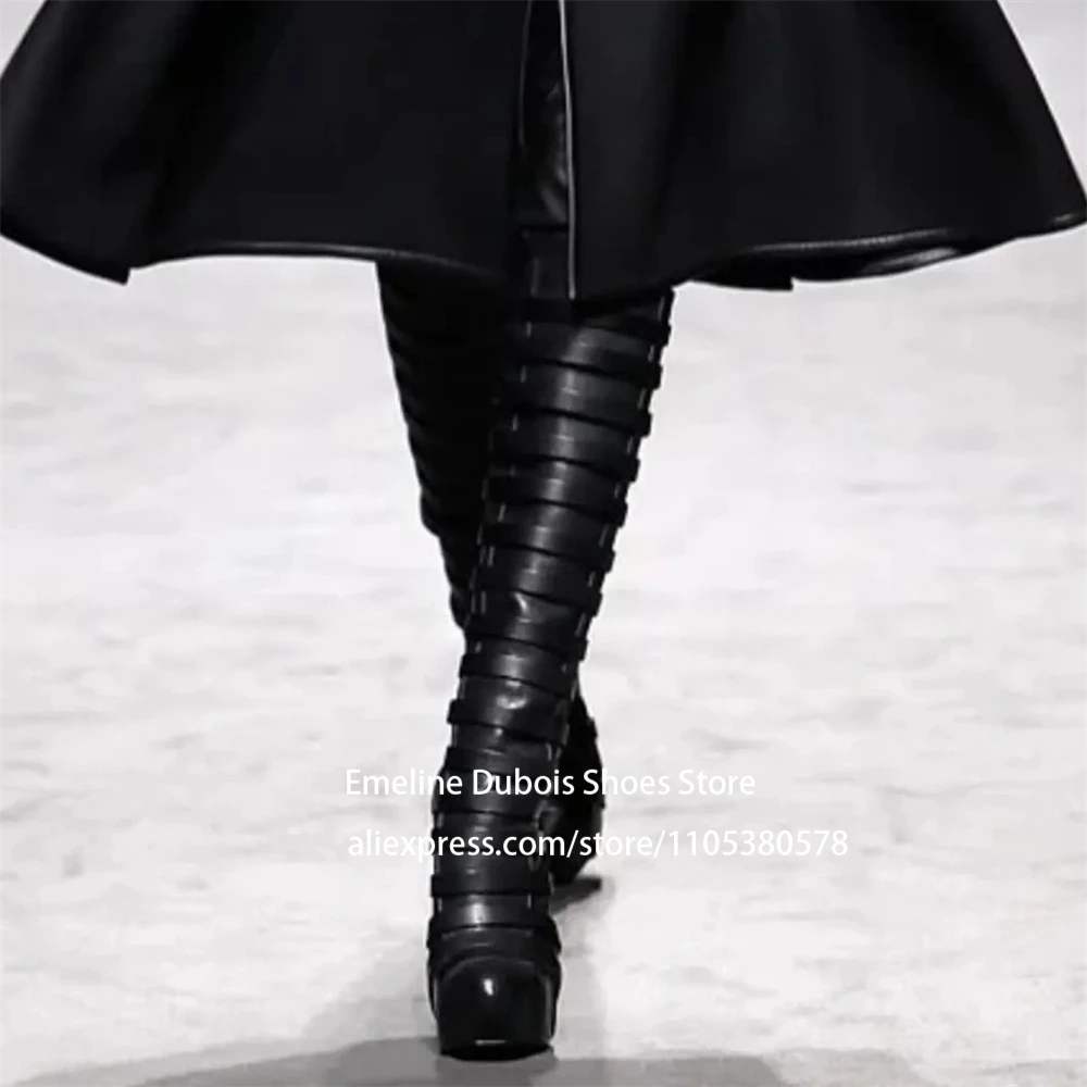 

Multi Strap Platform Wedge Heel Knee High Boots Black Leather High Heels Boots for Party Club Night out Plus Size Custom Color