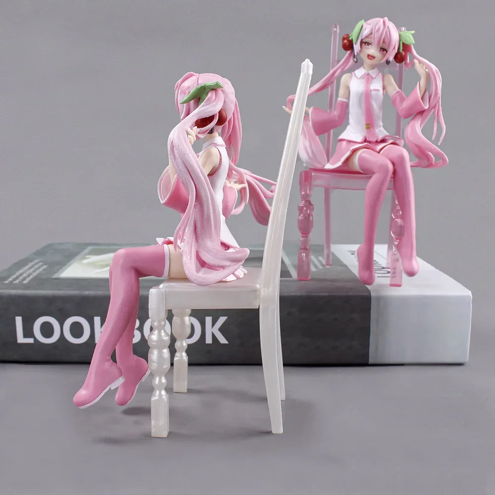 16CM Anime Hatsune Miku Sexy Beautiful Girl Pink Sakura Chair Sitting Position Action Figure PVC Model Toys Ornaments Gifts