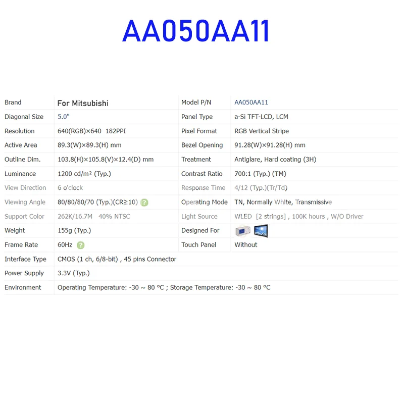 Painel de exibição LCD para Mitsubishi, 45 pinos conector, 100% testado, novo, original, AA050AA11, 5,0"