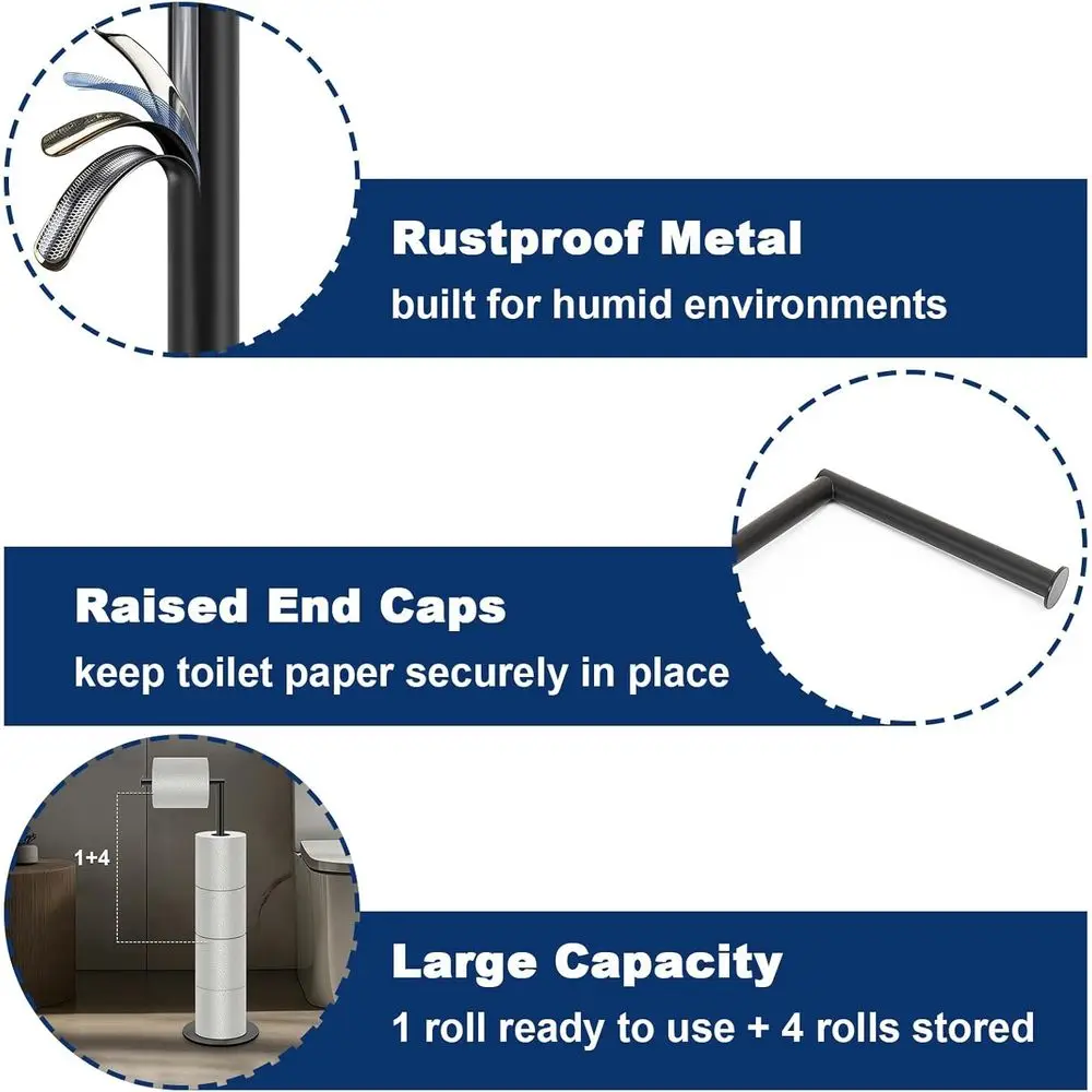 Toilet Paper Holder Stand with Balanced Base, Tissue Roll Holder for Bathroom/Kitchen Countertop (Matte Black, Metal Base) view 3