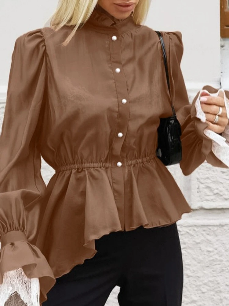

White Women Shirts Lace Puff Sleeve Shirt Light Weight Irregular Hem Female Blouse Spring Summer New Stand Collar Tops
