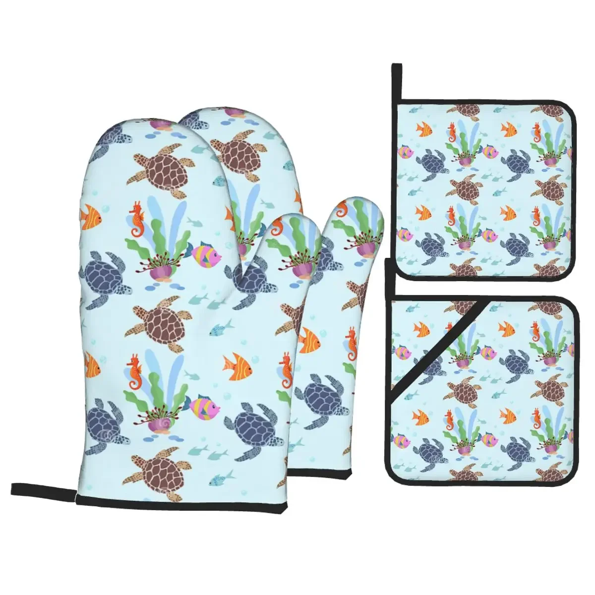 

Ocean World Turtles Fish Seahorse Oven Mitts and Pot Holders for Kitchen 4pcs Sets Heat Resistant Cooking Baking BBQ Gloves