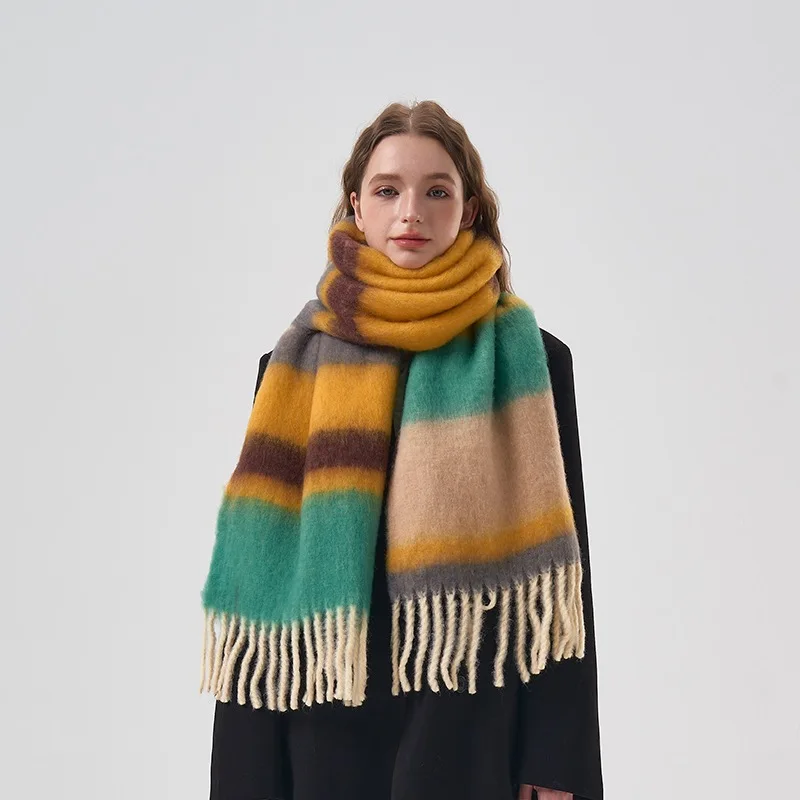 Colorful Striped Scarf with Tassels Mohair Cashmere Winter Thickened Ball Scarf Neckband Warm Rainbow Scarf Couples Accessories