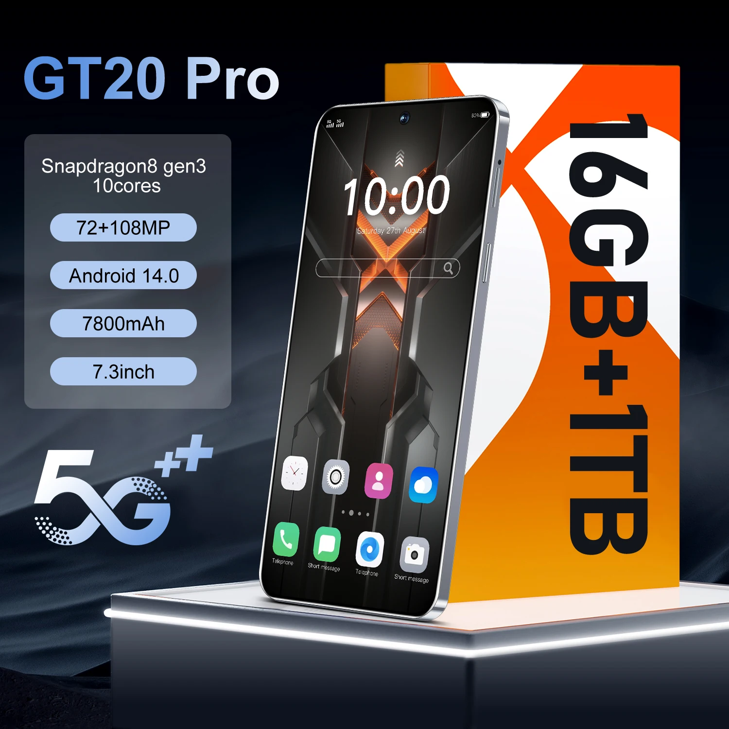 Original Mobile Phones GT20 Pro Brand New smart phone 5g 7.3inch HD Cellphones 16GB+1TB 108MP Camera Dual Sim Face Unlocked