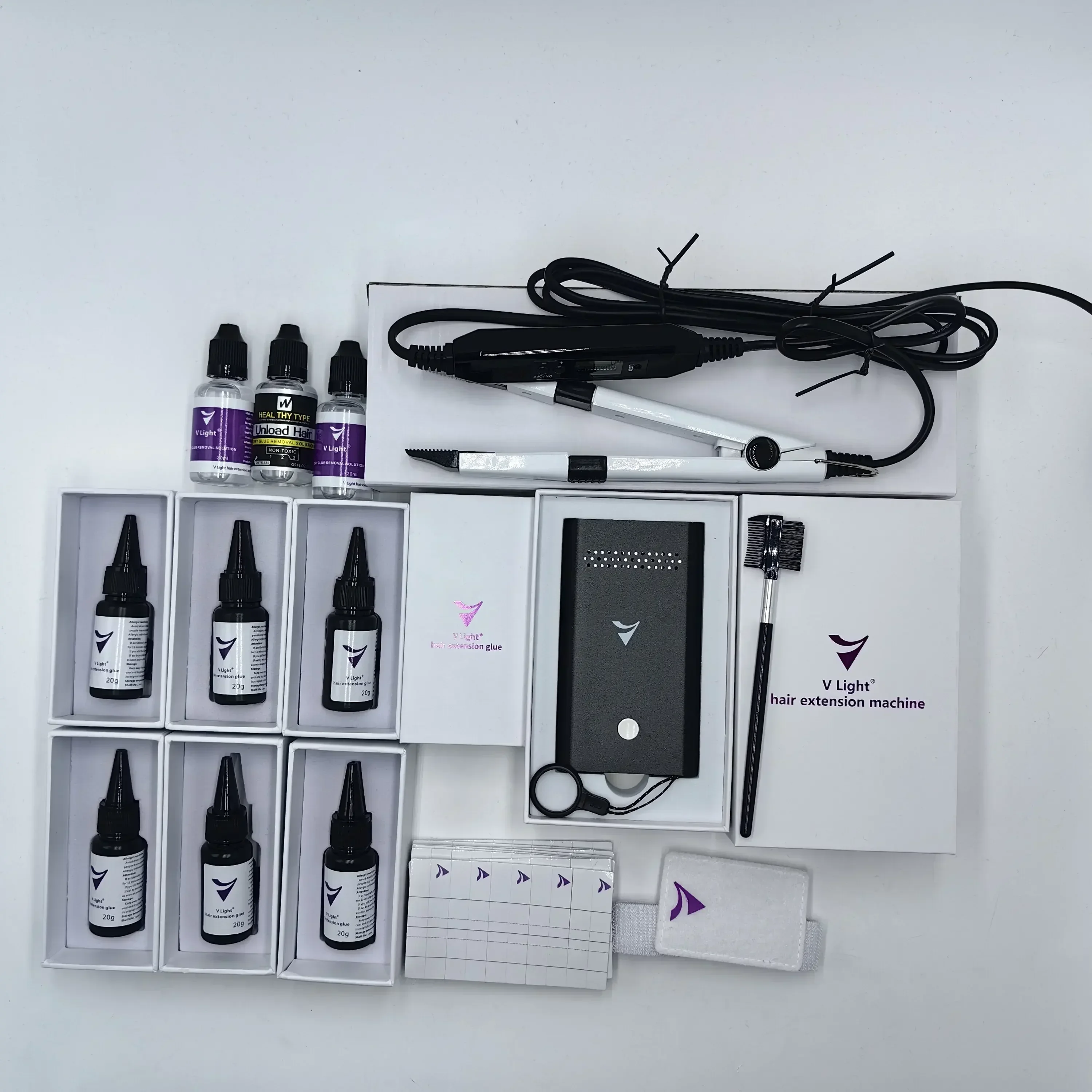 Máquina  tecnología v-light, juego de herramientas blancas, pegamento de extensión  cabello con luz en V, diferencia