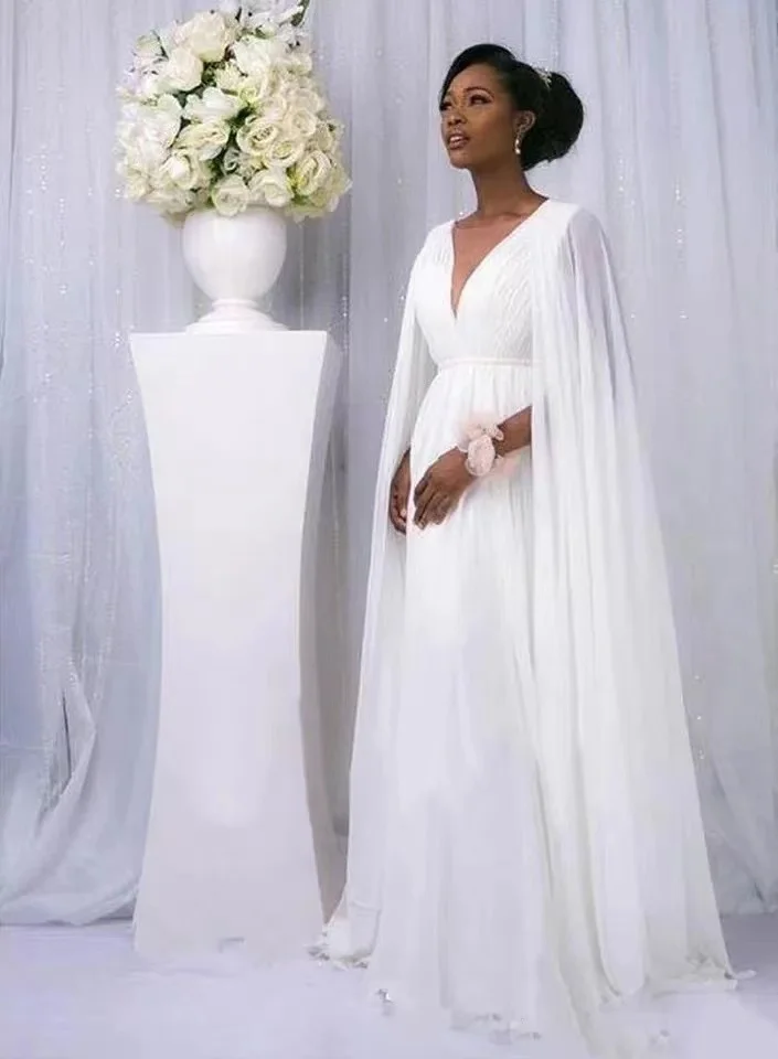 Customized A-Line Pregnant Wedding Dress New Arrival Deep V-neck Appliques With Cape Beach Bridal Gowns Boho Vestido De Noiva