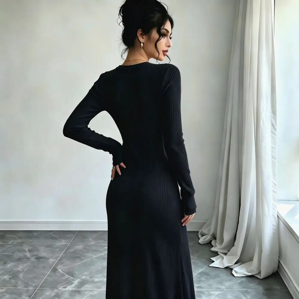 Elegant V Neck Knitted Long Dress Women Autumn Winter Slim Fit Bodycon Sweater Dress Long Sleeve High Waist Casual Apparel
