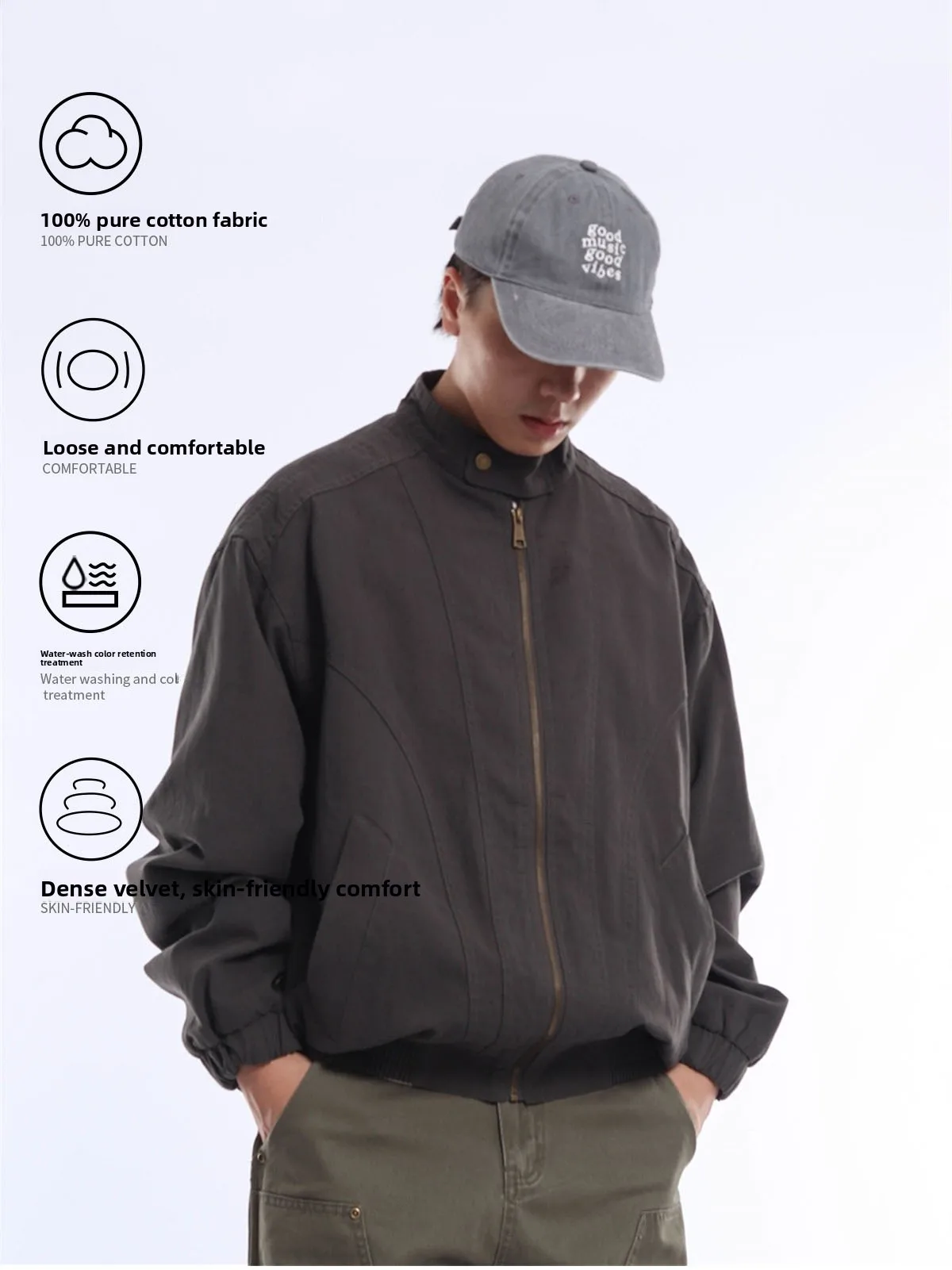 Retro Japanese Style Pure Cotton Workwear Jacket Men's Spring Autumn Zipper Stand Collar Washed out Jacket Vintage Style