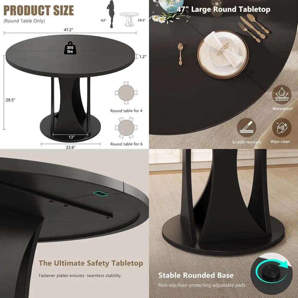 Sturdy Double Arc Base Kitchen Dining Table, Space-Saving, Black, Suitable for 4-6 People