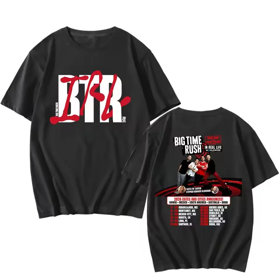 BTR en REAL LIFE WORLDWIDE 2025 TOUR TEE Rock Band Big Time Rush camiseta suelta Casual hombres mujeres camiseta ropa con estampado gráfico