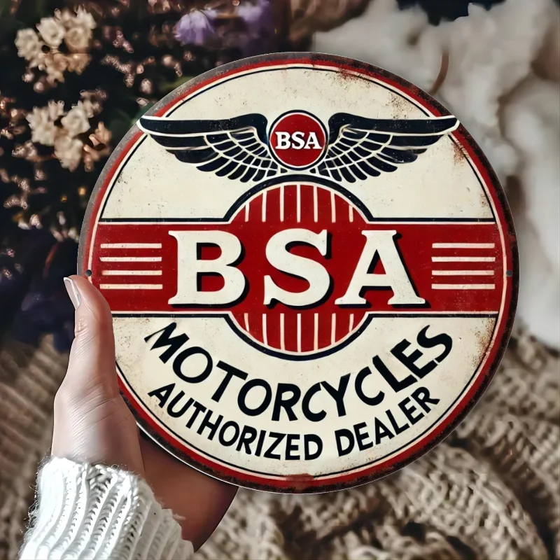 Vintage BSA Motorcycles Round Aluminum Wall Art - 8x8 Inch Classic Red & Black Winged Design, Retro Garage Decor for Home, Bar,