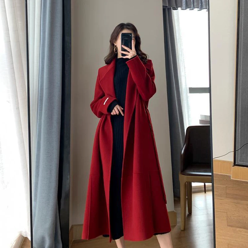 

MEXZT Belt Long Wool Coats Women Vintage Lace Up Woolen Overcoat Korean Bandage Thick Jacket Winter Elegant Red Chic Outwear New