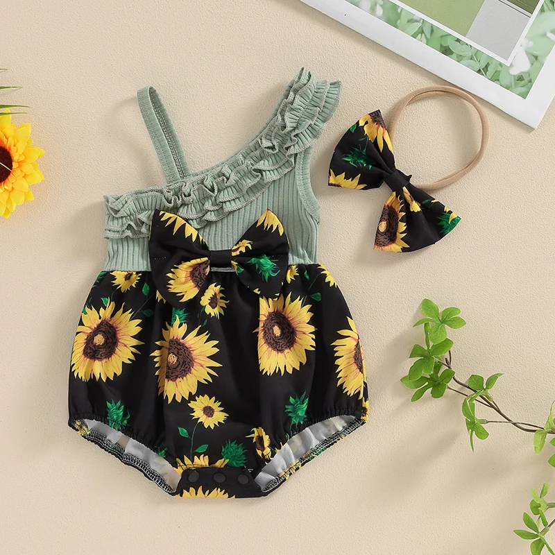 0-12Months Baby Girl 2 Piece Summer Set Sunflower Print Slash Neck Sleeveless Frill Trim Ribbed Romper + 3D Bow Headband Outfit