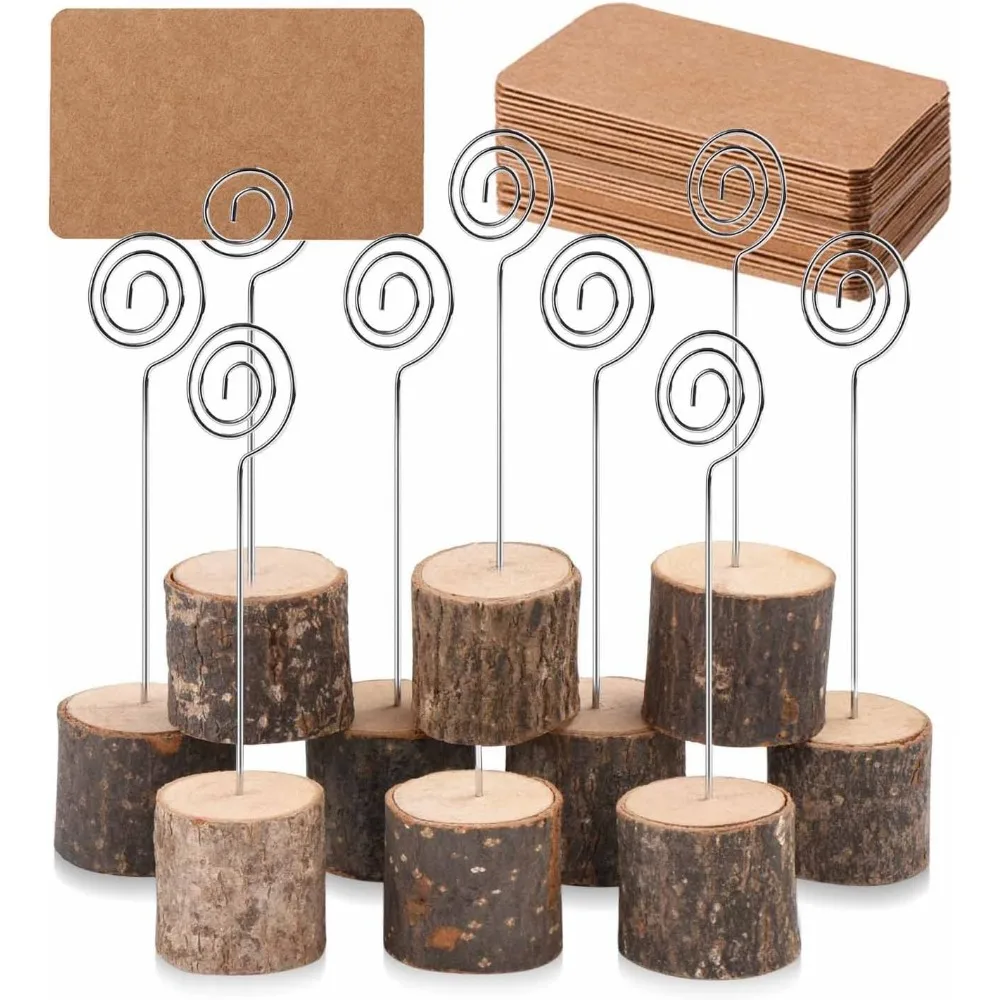 

10 шт. деревянные держатели для карточек премиум-класса с вихревой проволокой и 20 шт. крафт-карточек, деревенские деревянные подставки для номеров стола