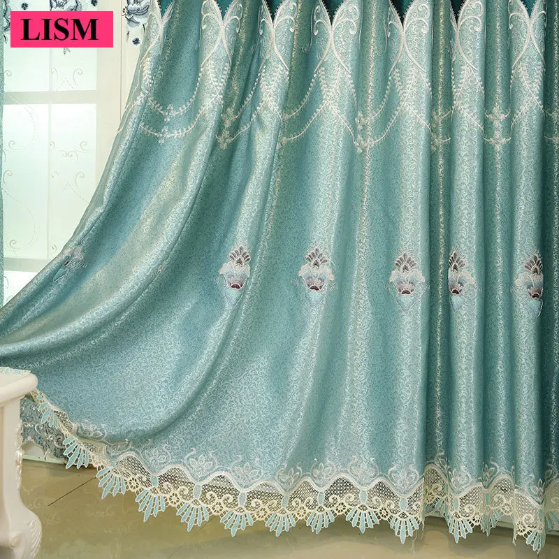 Nordic Palace Velvet Embroidered Curtains for Living Room Bedroom Floor-Window Balcony Blue Jacquard Custom Tulle Valance New