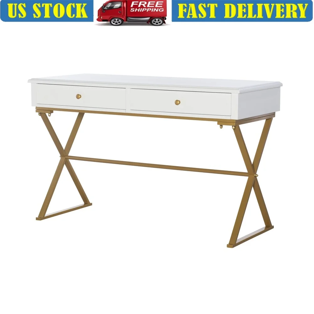 Modern Two-Drawer Campaign Desk Metal Frame with Brass Finish Stylish Writing Desk Perfect Home Office
