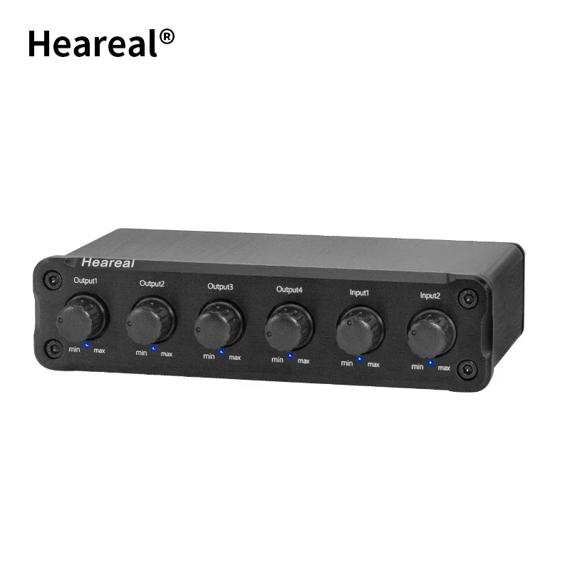 Heareal F3 2in and 4out Audio Receiver Adjustable Volume Stereo Lossless Sound Mix Spliter Distributor with 3.5mm Headphone Jack