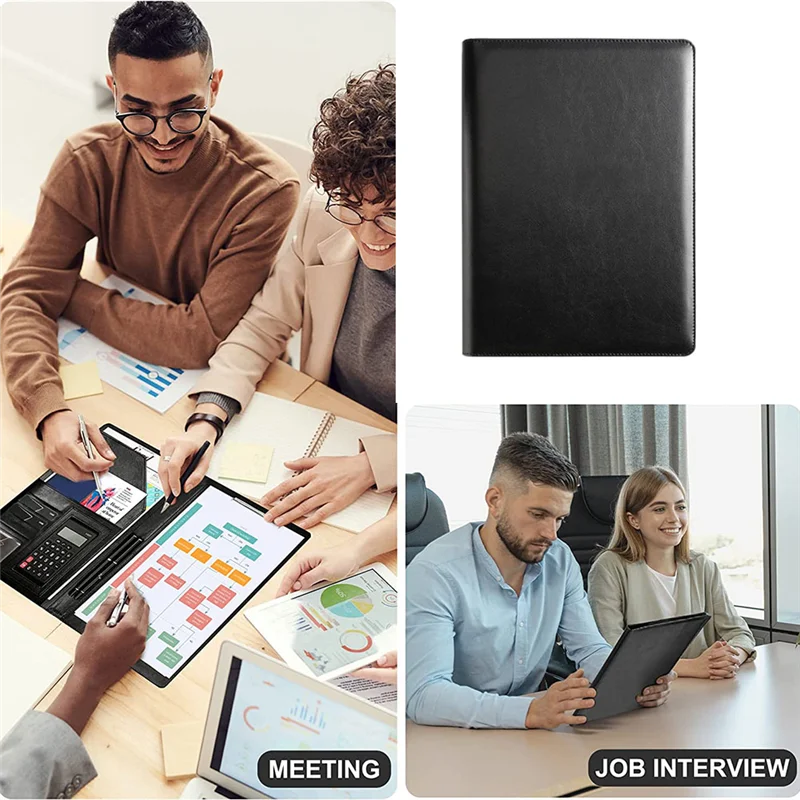Practical-Resume Portfolio Folder With A4 Size Clipboard Black Leather Padfolio For Men Women Business Portfolio Organizer