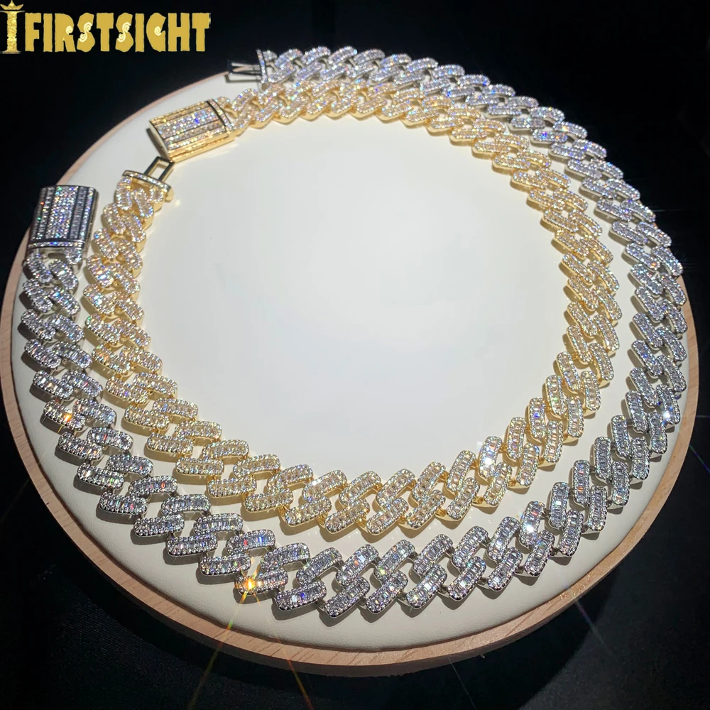 Iced Out Bling 15mm Rectangle CZ Heavy Chunky Cuban Link Chain Necklace Silver Color Zircon Big Hip Hop Men Women Jewelry