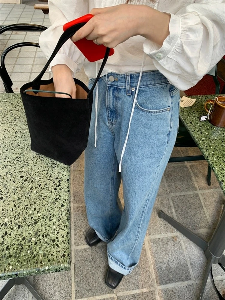 

Blue High Waist Straight Leg Wide Leg Pants Women's Jeans Versatile Early Autumn Retro Slimming High Waist Long Trousers