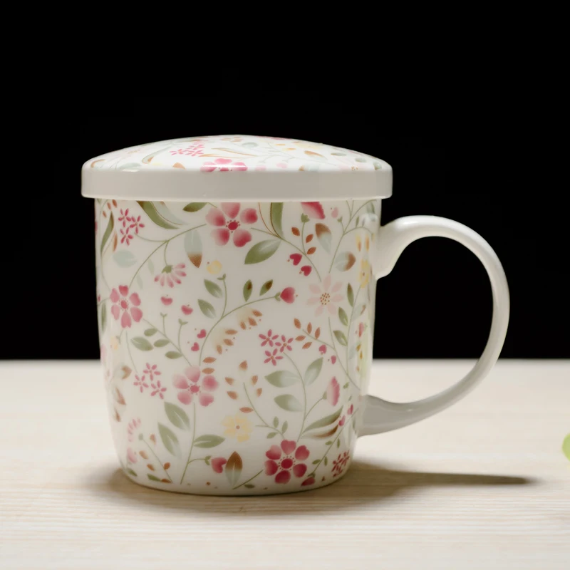 350ML, real bone china coffee cup, floral design, porcelain original breakfast cups, ceramic cups and mugs with lid, cute mug