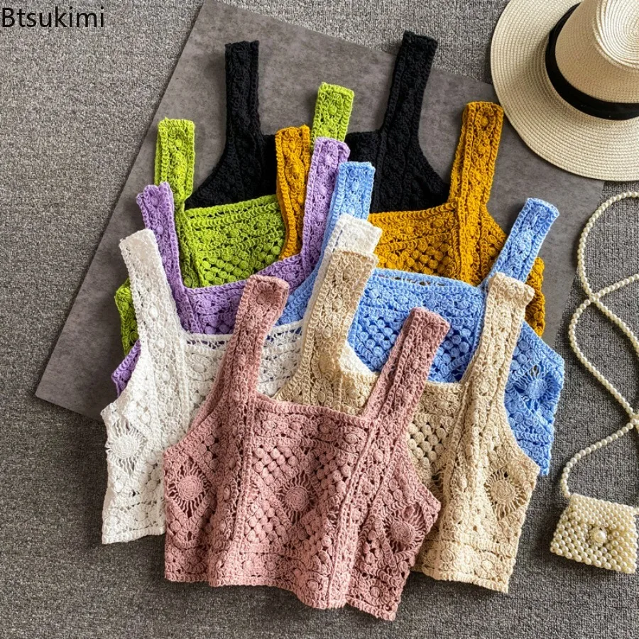 

2024 Women's Summer Knitted Crochet Tank Tops Candy Color Vintage Crop Top Sleeveless Retro Tops Beach Styles Cute Kawaii Tops